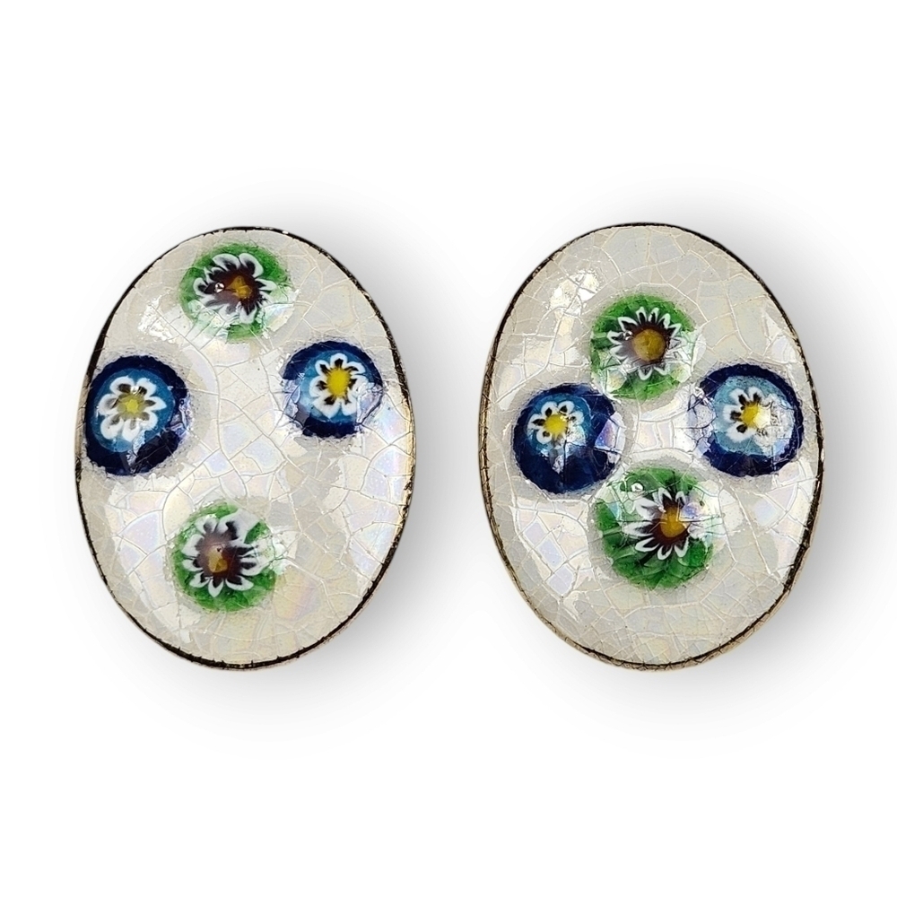 Vintage Ceramic Oval Earrings Millefiori Glass Flower Colorful Gold Gilt Clip On
